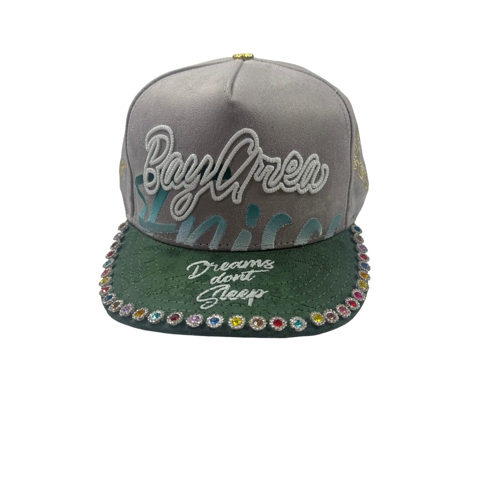 Dvniel Luu Bay Area Dreams Dont Sleep Snapback Hat Grey Green Rhinestone